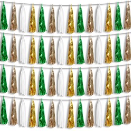 4P Sage-Green Beige-Mint Gold Foil Fringe Metallic Tassel Garland Banner, Tassels Banner Streamers for Parade Floats, Bachelorette, Wedding, Birthday, Christmas, Bridal/Baby Shower Party Decorations