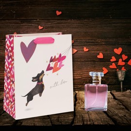 Glick Luxuriöse Geschenktüte mit Wursthund und Ballon-Herzen, Valentinstag, geeignet für Muttertag und andere Feiern, 26 x 31,5 x 13,5 cm, mehrfarbig