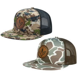 Bassdash 2 Pack Flat Brim Trucker Cap Adjustable Snapback Hat Mesh Back for Men Women Fishing Hunting, Pack of 2, Highland & Color Block Camo, Unit size