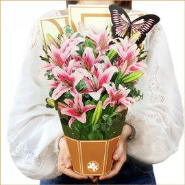 3D Pop-Up Flower Card with Pink Lilies & Butterfly Greeting Card Floral Pop Up Cards for Women Birthday Decorations, Anniversary Thinking of You Gifts Thank You PopUp Cards 16Inch Bouquet and Envelope