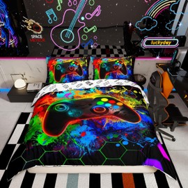 Homemissing Colorful Gaming Duvet Cover Set Double Size For Kids Boys Girls Teens Geometry Honeycomb Bedding Set Gradient Game Controller Comforter Cover with 2 Pillowcases Hexagon Bed Sets