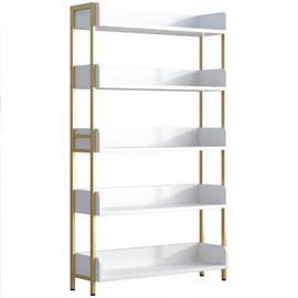OSCHF Wide Open Shelf Bookcase - Modern 5-Tier Floor Standing Display Bookshelf with Top Edge for Home and Office, Storage Shelving in Warm White with Gold Frame