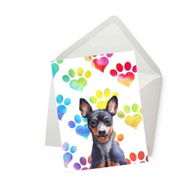 PICTURE THIS PRINTS Miniature Pinscher Dog Greeting Card for Dog Lover, Colorful Dog Lover Greeting, Rainbow Heart Paw Print Card, Pet Sympathy, Dog-Themed Thank You, Comes with Envelope (5x7”)