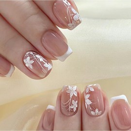 White French Tip False Nails Short Medium Square Nails Press ons, SXVME Spring White Flower Press on Nails with Cute Design Medium Size Fake Nails Glossy Stick on Nails for Women Manicure Art 24 Pcs