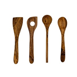 Benera Kitchen Utensil Set Made of Real Olive Wood, 4 Pieces Consisting of Two Different Cooking Spoons, a Risotto Spoon and a Spatula