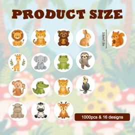 1000pcs Jungle Animal Stickers, 1.5in Cute Wild Zoo Animal Reward Stickers Roll with 16 Style Safari Farm Decal Classroom Incentive Supplies for DIY Crafts Envelopes Water Bottles