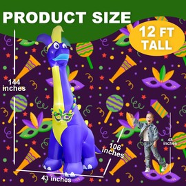 12FT Gaint Mardi Gras Inflatable Decorations Dinosaur Blow Up LED Lighted Mardi Gras Carnival Yard Decoration for Indoor Outdoor Lawn Party Supplies