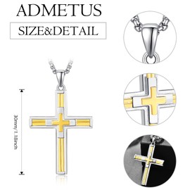 ADMETUS Cross Necklace 925 Sterling Silver Cross Pendant Silver/Gold/Black Cross Chain Gift for Men with 2.5 mm 22 Inch + 2 Inch Rolo Chains, Sterling Silver, No Gemstone
