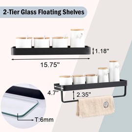 Z metnal Glass Shelves for Bathroom, Matte Black Floating Shelf with Towel Bar, 2 Tier Wall Shelf for Bathroom Organizer, 2pack, Wall Mounted (Clear Glass, 15.7 inch/40cm)