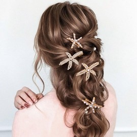 Alpinleux 3 Pcs Starfish Hair Clip, Rhinestone Pearls Shell Hair Clips, Crystal Wedding Headpiece Hair Accessories For Women, Bride (3 Sizes)