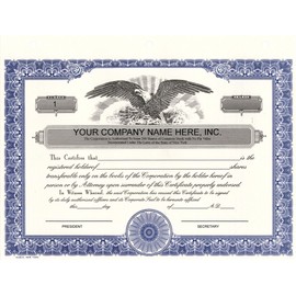 Custom Printed Corporate Stock Certificates, HUBCO, Blue, 20-Pack