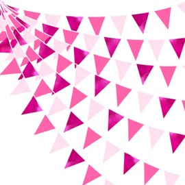 32Ft Ombre Hot Pink Pennant Banner Flag Metallic Pink Triangle Fabric Bunting Garland for Birthday Baby Shower Wedding Bachelorette Flamingo Pink Girl Party Decorations Home Nursery Classroom Decor