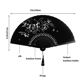 Nydotd HandHeld Bamboo Folding Fan for Women, Vintage Chinese Japanese Style Grassflowers Foldable fan with Silk Sleeve Charming for Dance Retro Ladys Girls Birthday Gifts Home Decor (Black)