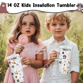 14 Oz Woodland Animal Tumbler with Handle and Straw for Kids, Stainless Steel Insulated Cup for Toddlers, Animals Lover Gifts for Boys Girls