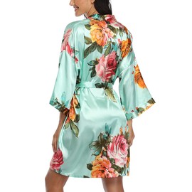 ABC-STAR Women's Floral Kimono Robe Short Satin Rose Wedding Dressing Gown Bride Bridesmaid Getting Ready Small-Large
