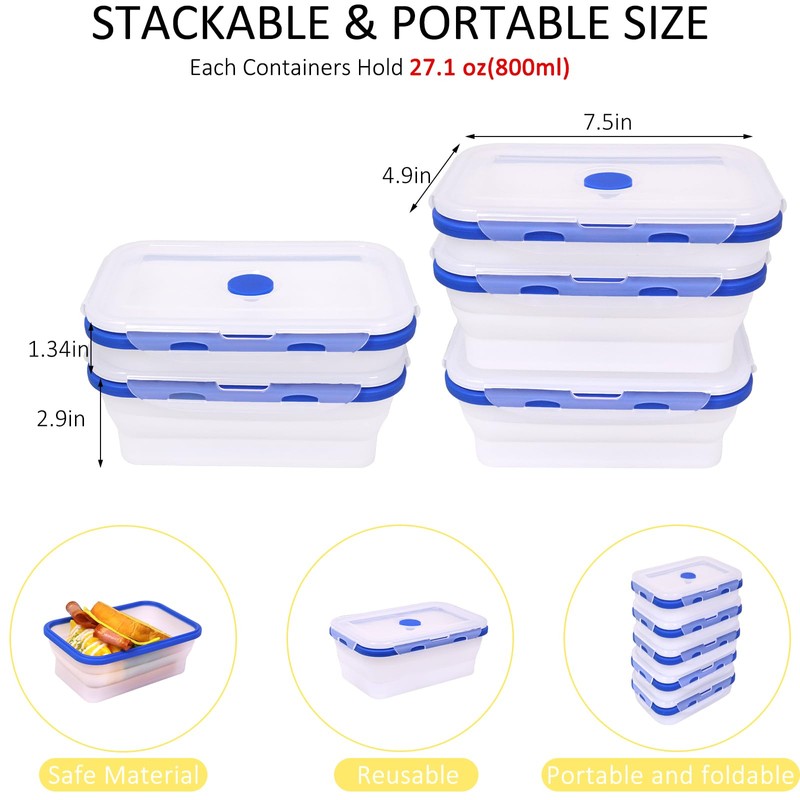 FUSMYE 5 Pack Translucent Collapsible Silicone Food Storage Containers with