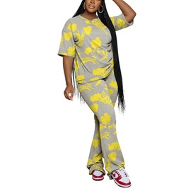 PINSV Womens Sets 2 Piece Outfits Casual Short Sleeve Top and Flare Pants Lounge Sets Tracksuit Yellow B XL