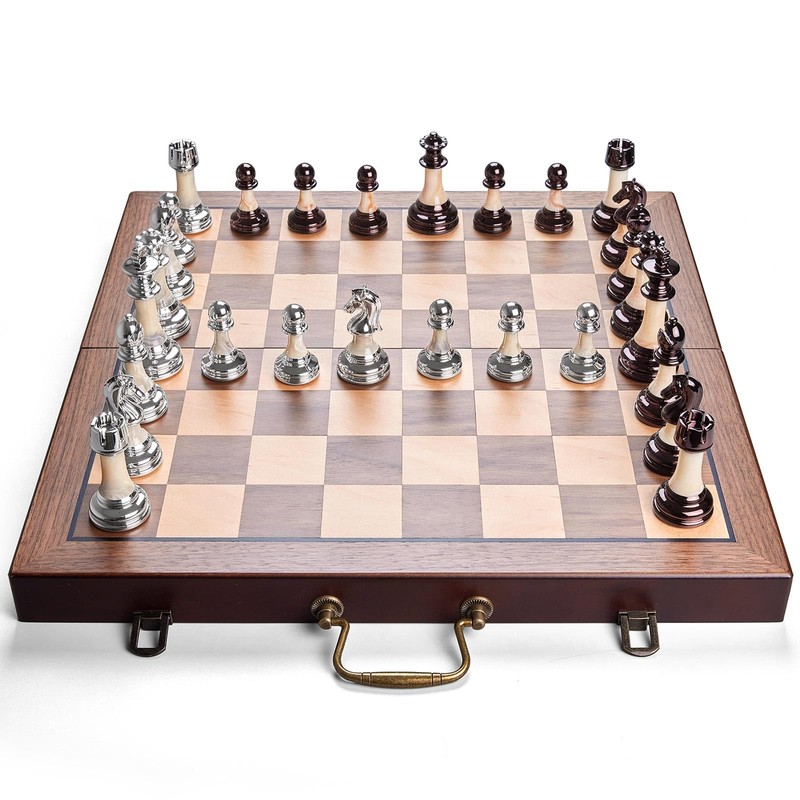 Deluxe Chess Set 16.5'' Wooden Large Folding Chess Board Game