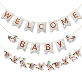Weekgrat 3 Pcs Mallard Duck Baby Shower Decorations Banners Duck Hunting Welcome Baby Party Supplies Banners Sage Green Gingham Boy Garland for Gender Reveal Pregnancy Celebration Party