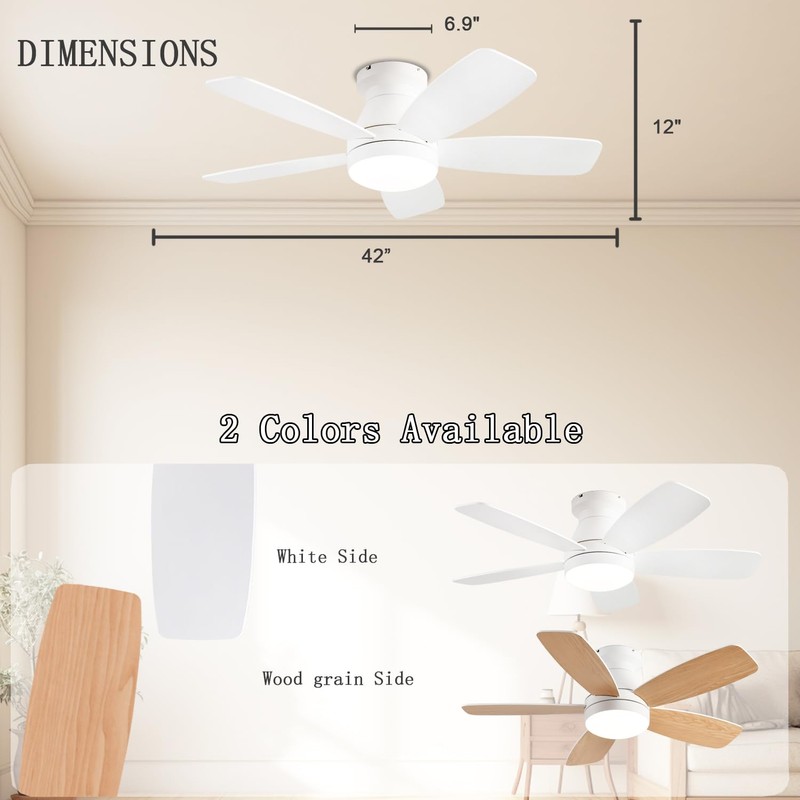 JSAITEE Ceiling Fans with Lights, 42 Inch Low Profile Ceiling