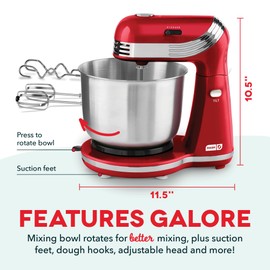 DASH Stand Mixer (Electric Mixer for Everyday Use): 6 Speed Stand Mixer with 3 qt Stainless Steel Mixing Bowl, Dough Hooks & Mixer Beaters for Dressings, Frosting, Meringues & More - Red, DCSM250RD