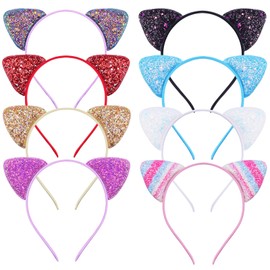 EUDUQ Cat Ears Headband Set, 10 Pieces Glitter Cat Hair Hoops Metal Cat Ears Headband Sequins Cat Ears Headbands Girls Hair Accessories for Birthday Party Cosplay