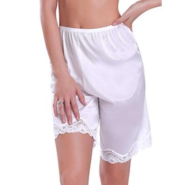 Women’s Satin Half Slip Shorts Lace Trim Bloomer Pettipants Under Dress Elastic Waist Lounge Culotte Slip Pants(White,Medium)