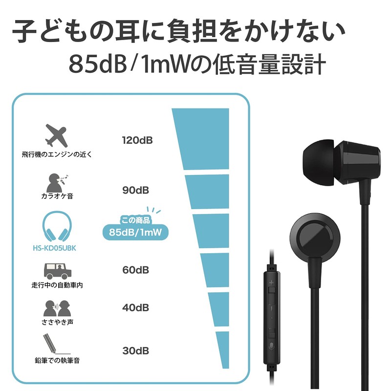 Elecom HS-KD05UBK Earphones, For Kids, Low Volume, USB Connection, Heavy