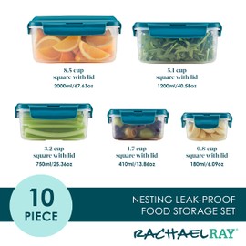 Rachael Ray Leak-Proof Nestable Container Food Storage Bin Set, 10-Piece Square, Teal Lid