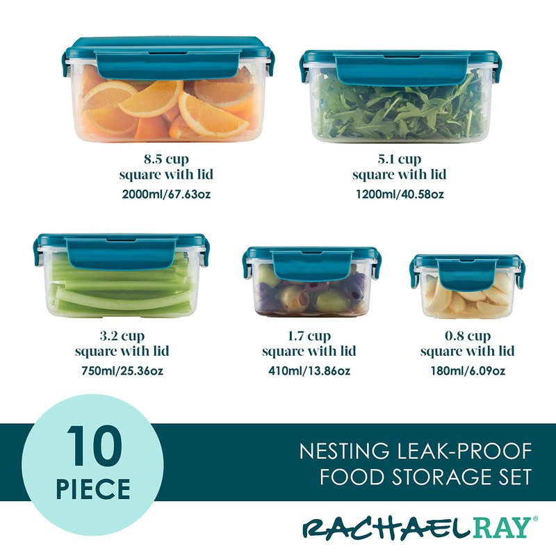 Rachael Ray Leak-Proof Nestable Container Food Storage Bin Set, 10-Piece