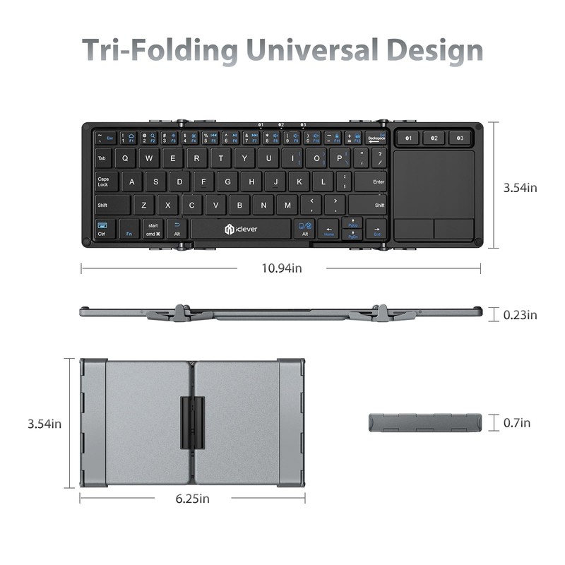 iClever Foldable Keyboard with Touchpad, BK08 Portable Tri-Folding Bluetooth Keyboard