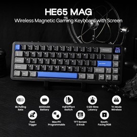EPOMAKER HE65 Mag Wireless Magnetic Keyboard with Knob and Screen, 8K Polling Rate in 2.4Ghz and Wired, Actuation-Adjustable Hall Effect Switch, 8000mAh Battery, Creamy Gasket-Mount (Black)