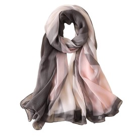First Choose 100% Pure Silk Feeling Women Large Long Scarf Shawl Check Style Sunscreen Shawls Wraps-Lightweight Floral Pattern (Grey-Pink)