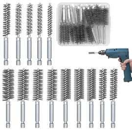 Pack of 14 Wire Brush Drill, Stainless Steel Hole Brush, Pipe Brush, Cleaning Brush, Drill Hole Brush, Wire Brush, Round, with Hexagonal Bar, for Drill, Polishing, Grinding, Rust Removal, Deburring