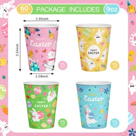Vanulus 60Pcs 9oz Easter Paper Cups Bunny Egg Easter Disposable Cups with 4 Designs Happy Easter Party Supplies for Juice Coffee Hot Cold Beverage Drink