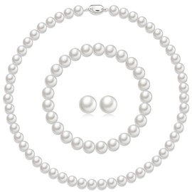 Gkaopi 3 Piece Natural Pearl Jewellery Set for Women 7/8 mm Round Pearl Necklace Stud Earrings Bracelet Jewellery Set with Gift Box Gifts for Party Prom Wedding Festival, Metal