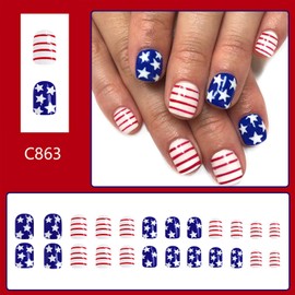 Tyuimhx 4th of July Press on Nails Short Square Fake Nail Independence Day False Nails With Star Designs Blue White Full Cover Stick on Nails Acrylic Patriotic Artificial Nail for Women 24 Pcs