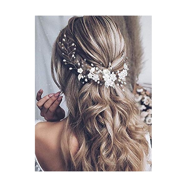 Vakkery Wedding Flower Hair Vine Silver Pearl Headband Bride Leaf Headpiece Bridal Hair Accessories for Women Girls Bridesmaids