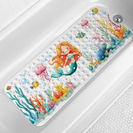 LNOND Bath Mat for Tub for Kids, Toddler Bathtub mat Non Slip, Sea Mermaids Kids Bath Mats for Bathroom Non Slip with Drain Holes and Suction Cups,Machine Washable (40 X 16 Inch)