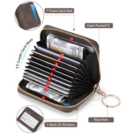 BOSTANTEN Credit Card Holder Wallet RFID Blocking Leather Small Wallet for Women Zipper Keychain Wallet with Wristlet Coffee