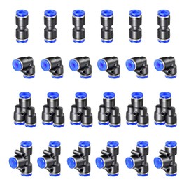 HUAZIZ Pack of 24 Pneumatic Push to Connect Fittings, Pneumatic Fittings Kit, 6 Pieces Spliter+6 Pieces Elbows+6 Pieces Tea+6 Pieces Straight (OD 12 mm)