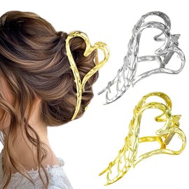 Bafuny Large Love Hair Claw Clips Heart Hairclips Gold Silver Claw Clips Metal Hair Clips for Women 2PCS