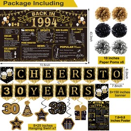 30th Birthday Decorations for Men Women,16PCS Back in 1994 Banner Decorations,Including Vintage 1994 Banner,1994 Anniversary Card,Cheers to 30 years banner,7 Hanging Swirl,6 paper Poms