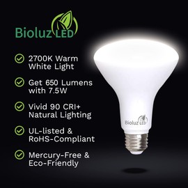 Bioluz LED 24 Pack BR30 LED Bulbs, Indoor Flood Lights 90+ CRI 65W Equivalent uses 7.5W 2700K Warm White 650 Lumens, E26 Base Dimmable Instant On Interior Home UL Listed FCC RoAS Title 20 Certified