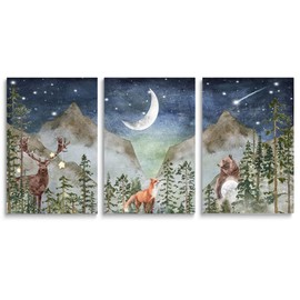 SKYSUKEY Boho Nursery Wall Decor, Wild Forest Kids Wall Art, Dark Blue Star Night Moon Netural Mountain Wall Art, Fairy Animals Nursery Decor, Nature Prints for Boy Girl, Set 3 Framed, 16"x24"