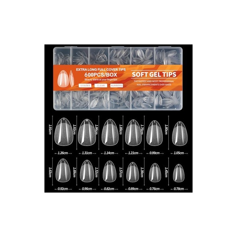 Almendra Corto Uñas Tips, 600Pcs, 12 Tamaños Pre-Formado Medio Mate