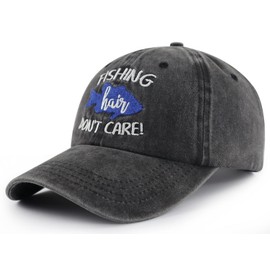 Fishing Hair Don't Care Baseball Cap for Men Women, Funny Adjustable Washed Cotton Embroidered Sun Fish Hat, Embroidered Black, One Size