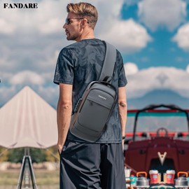 FANDARE Anti-Theft Men's Top-Handle Bags Sling Shoulder Backpack Personal Flex Bag for Men Chest Bag with USB Crossbody Chest Daypack for Hiking Cycling Outdoor Travel Polyester Grey Gold