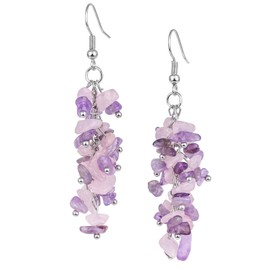 TUMBEELLUWA Crystal Chip Stone Dangle Hook Earrings for Women Healing Chakra Tumbled Stones Eardrops, Rose Quartz & Amethyst