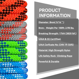 SEAMUS 8mm Prusik Accessory Cord 30M (100ft) UIAA Rock Climbing Rope 16Kn High Tensile Strength Rock Climbing Accessories Cord Double Braid Nylon Cord for Mountain Tree Climbing,Fire Rescue